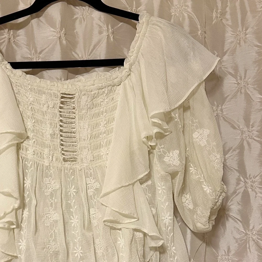 Free People Cream Lace Peasant Blouse with Ruffled Shoulders